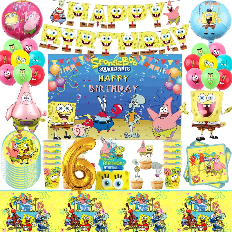 Spongebobed Squarepants Theme Birthday Party Decoration Balloon Banner Cake Spongebobed Tableware Supplies Baby Shower