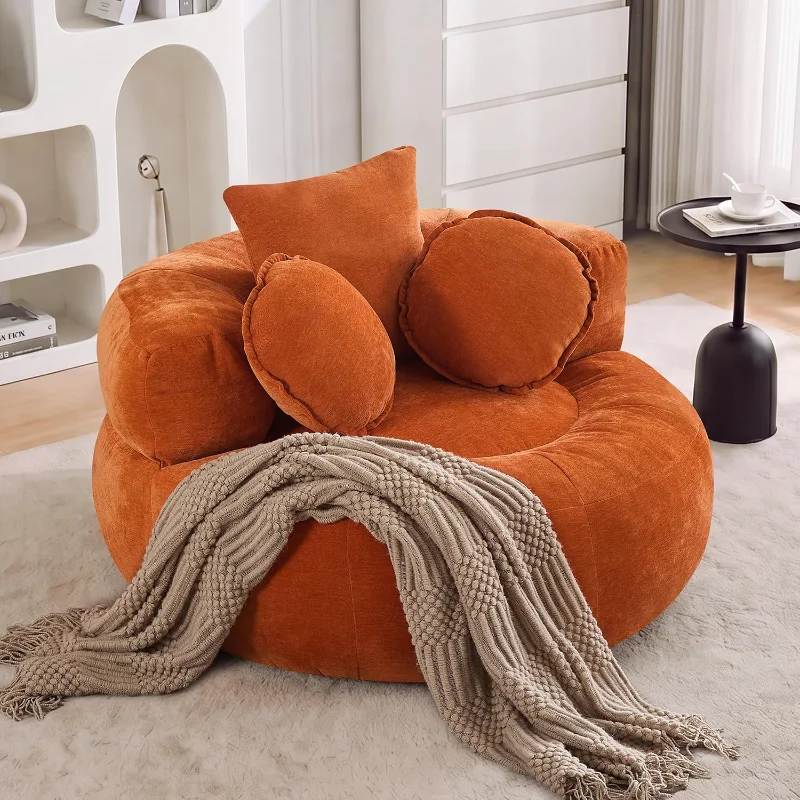 Round Oversized Floor Sofa Chair, Orange Chenille Compressed Circle Chaise Lounge, No Assembly Boneless Barrel Chair,Customized
