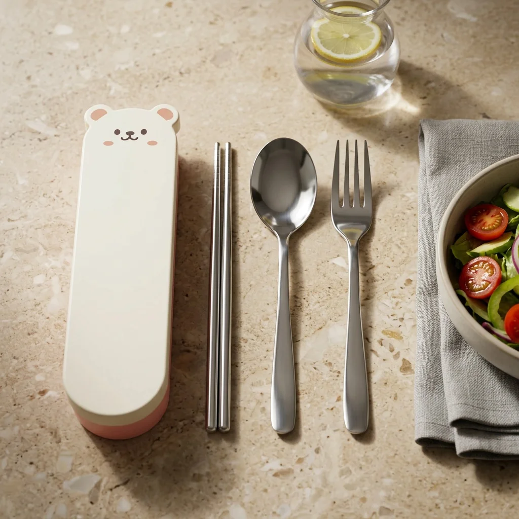 Portable Stainless Steel Cutlery Set Cute Bear Tableware Spoons and Forks Chopsticks Silverware Case Travel School Kids Utensils