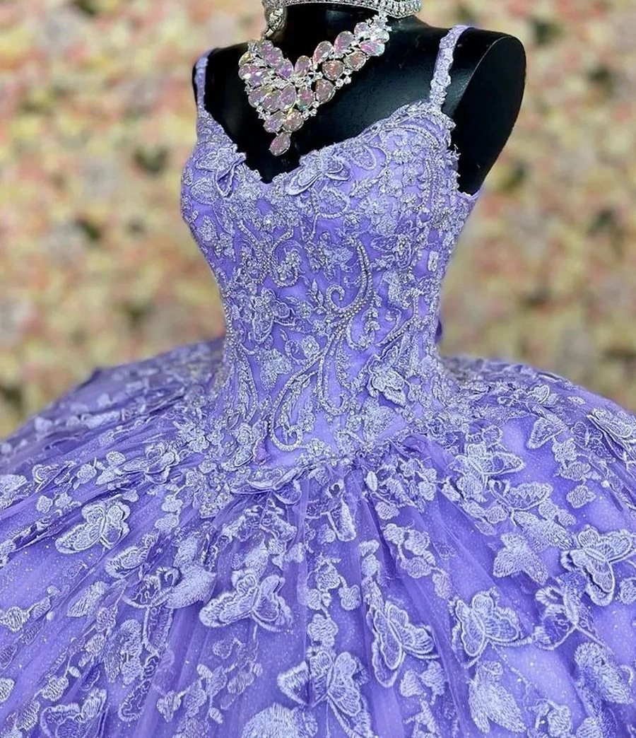 Lilac Princess Quinceanera Dresses Ball Gown Spaghetti Straps Appliques Lace Beaded Sweet 16 Dresses 15 Años Mexican