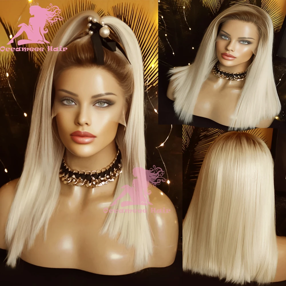 

platinum blonde bob 100% Real Human Hair Wigs For Women 613 Blonde Colored Hair Wigs Dark Roots natural Straight Transparent La