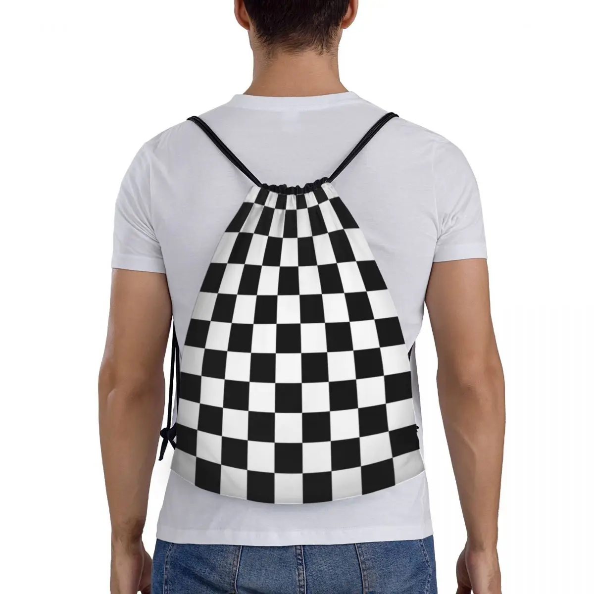 Custom Black And White Check Checkered Chess Drawstring Backpack Bags Women Men Lightweight Gym Sports Sackpack Sacks for Yoga