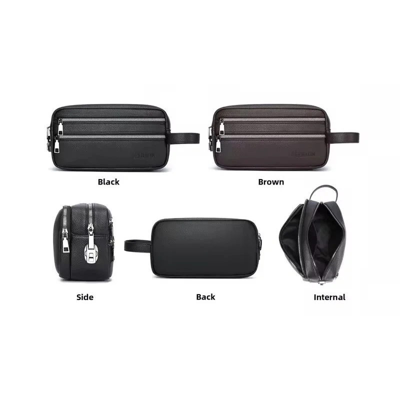 Men's Leather Clutch Bag Double Layer Zipper Large Capacity Mobile Phone Storage Casual Business Waterproof Luxury Tote