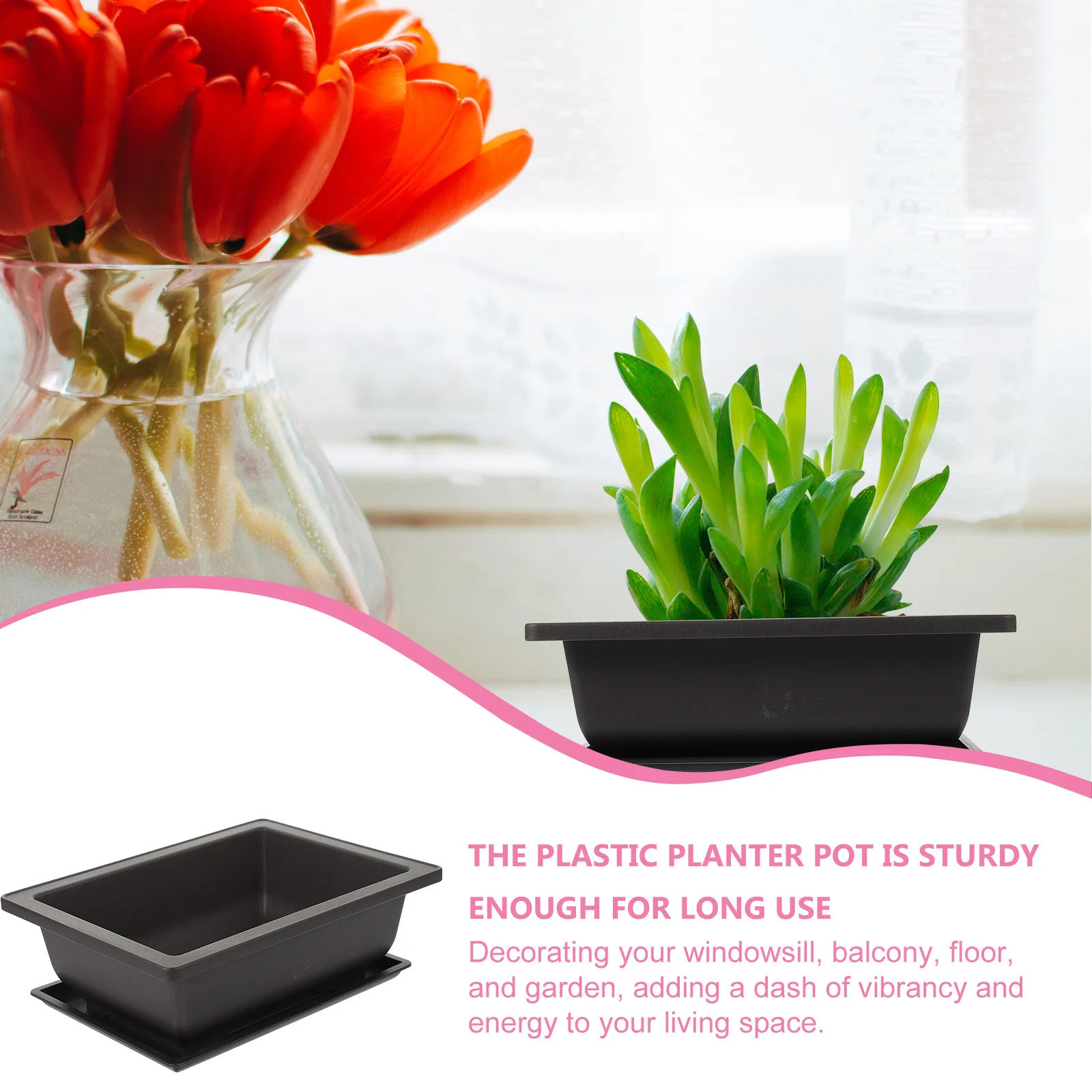 

1 set 1 Set Of Long Rectangular Flower Pots With Saucer Plastic Planter For Succulents Cactus Small Bonsai Garden Indoor Outdoor