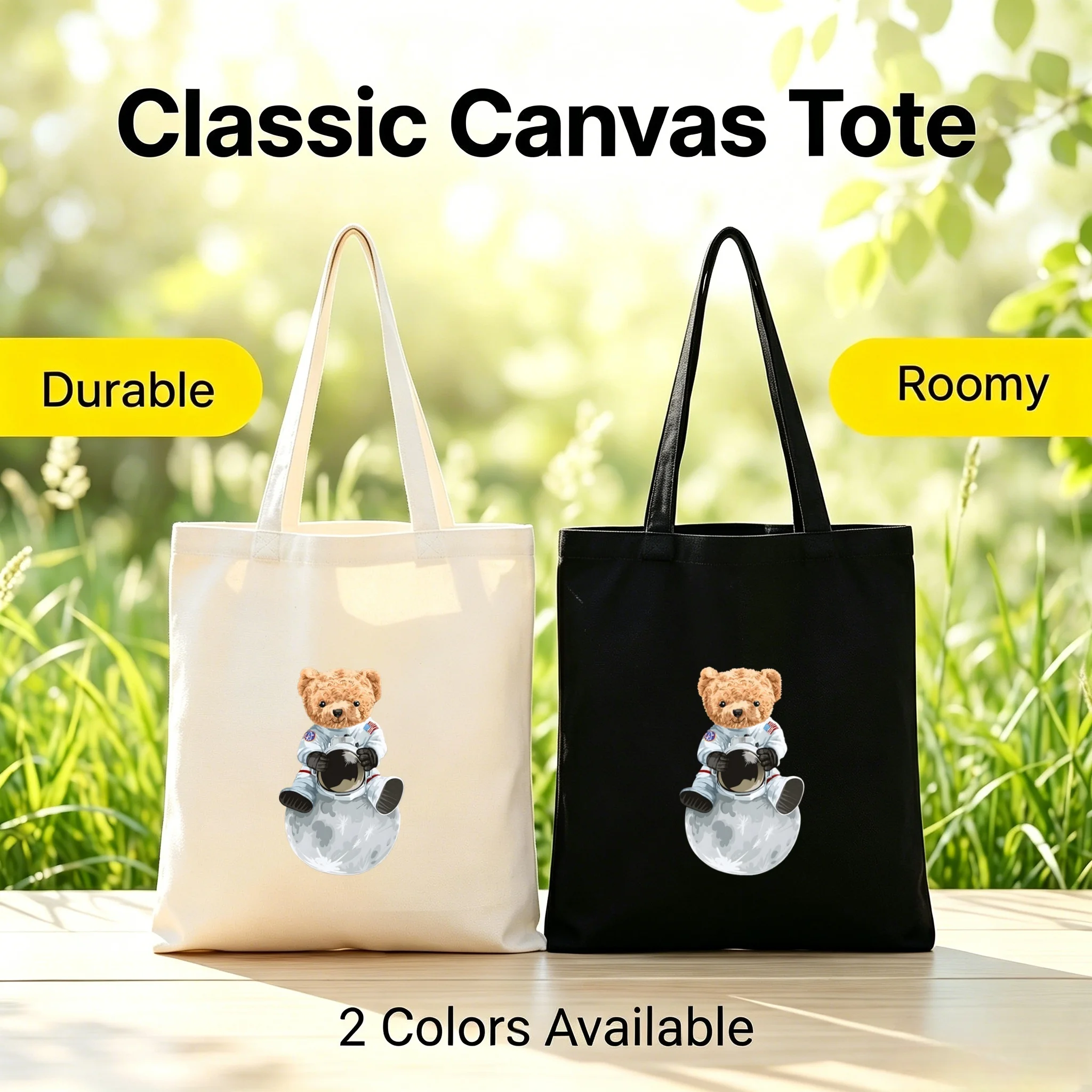 1pc Cute Astronaut Teddy Bear Sitting On Moon Print Canvas Tote Bag Reusable Shopping Shoulder Bag Space Lover Gift