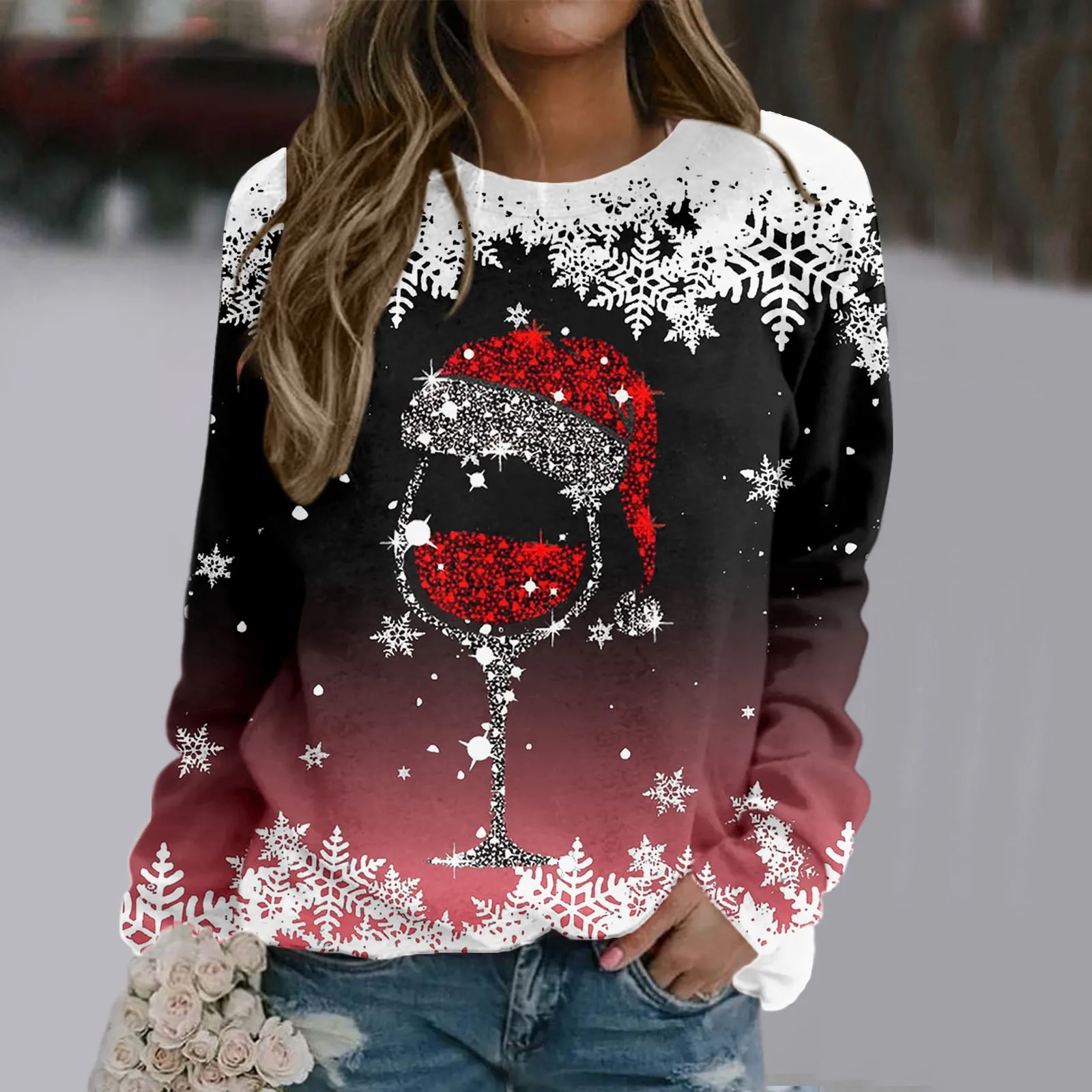 Sweat-shirt imprimé joyeux Noël flocon de neige en verre pour femme, coupe adt, manches longues, col rond, pull sans capuche, PVD décontracté