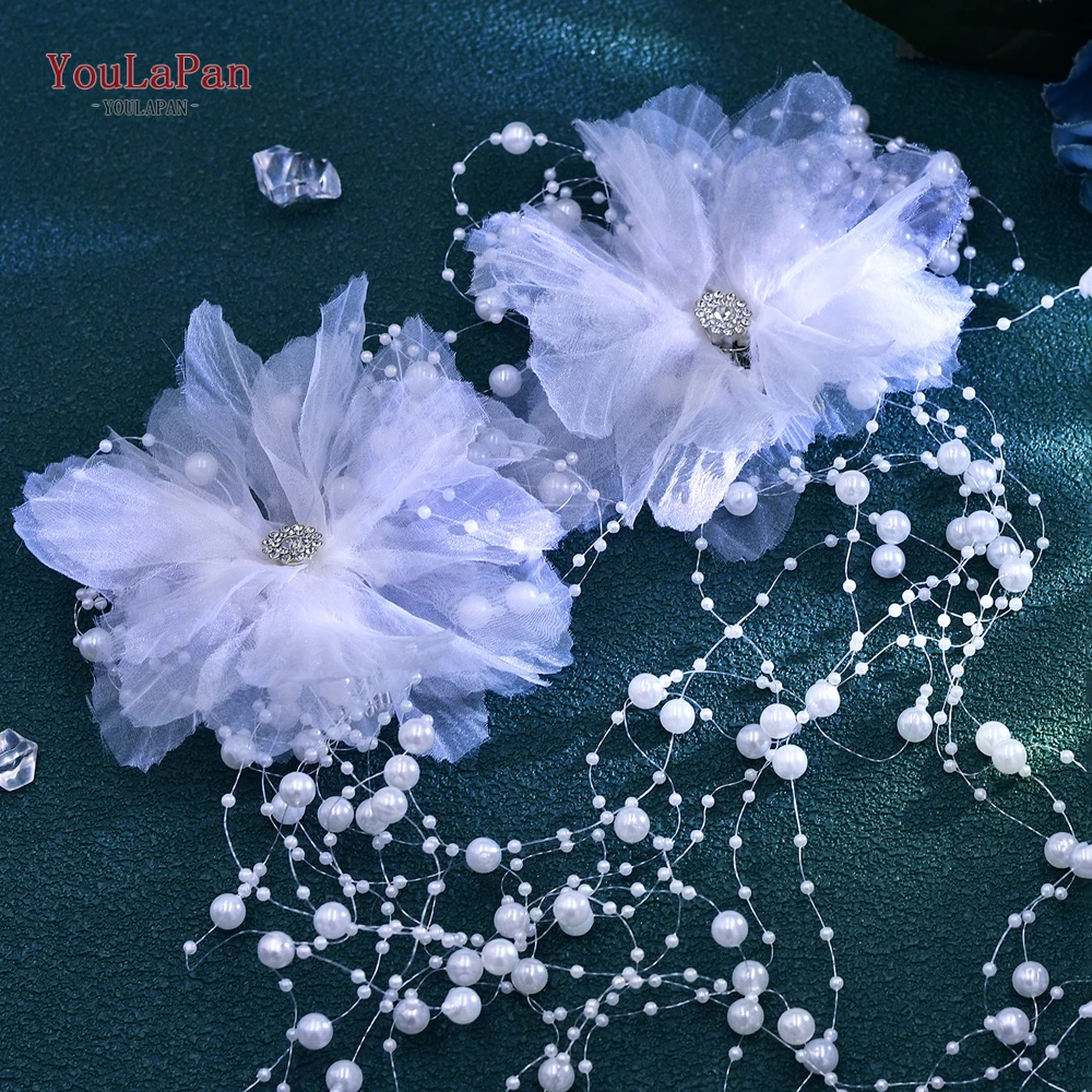 YouLaPan Elegant Women Bride Headwear Handmade gauze Flower Wedding Princess Headband Long Pearl Tassel Hair Accessories HP691