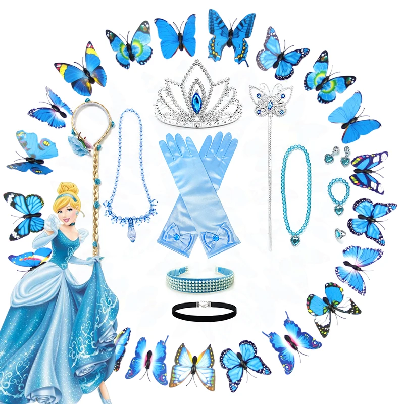 Dinsey Cinderella Princess Costume Accessories Girls Crown Wand Necklace Headband Earrings Jewelry Set Girl Dress up Wig Braids