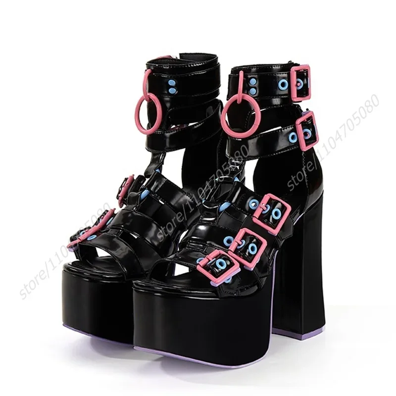 

Black Chunky Heel Rose Red Belt Buckle Striped Hollow Sandals Sweet Cool Girl Platform Open Ankle Belt Shoes Party Adjustable