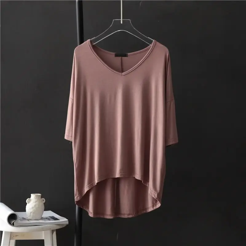 

Fashion V-Neck Solid Color Asymmetrical T-Shirts Women's Clothing 2025 Spring Summer New Loose Casual Tops Irregular Tee Shirt