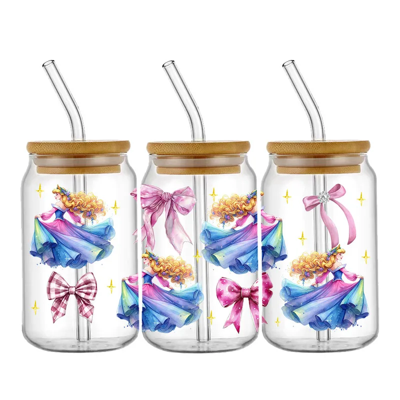 Disney  Princess Bow UV DTF Cup Wrap Transfer Stickers For 16OZ Coffee Glass Can Waterproof DIY Custom Logo