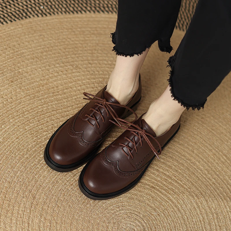 

2024 new Spring women pumps natural leather 22-25.5cm washed cowhide+pigskin full leather lace up loafers retro women brogue