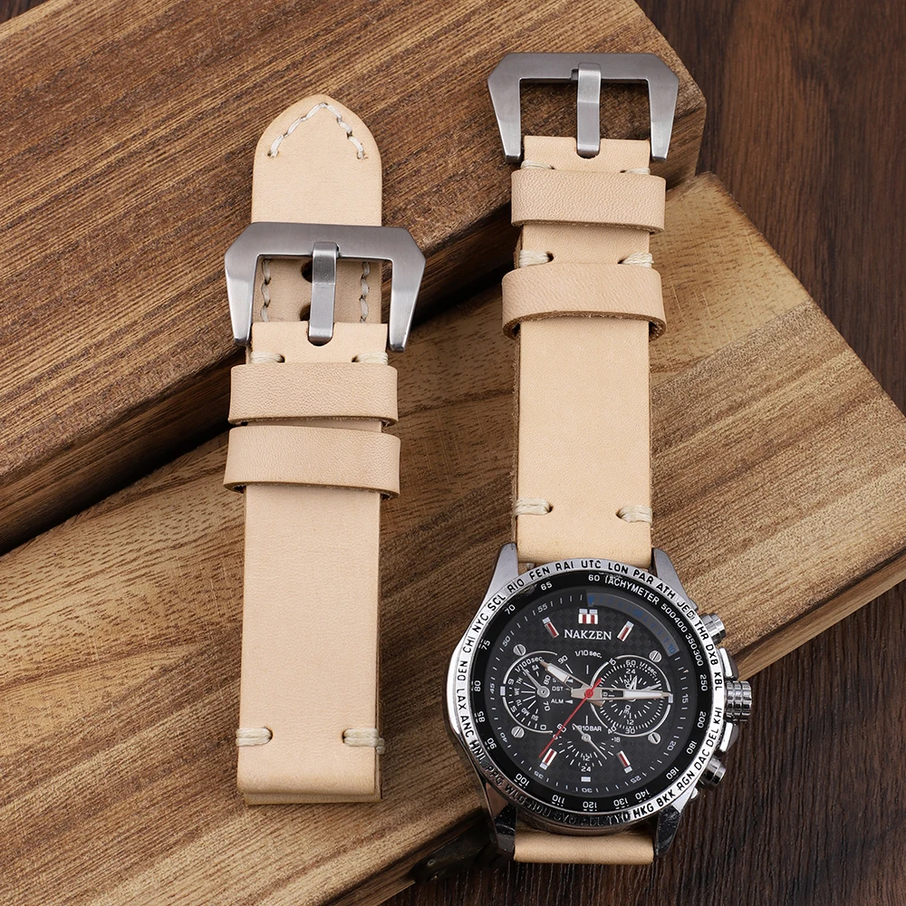 Beige Watch Strap Handmade Vintage Stitching Design Wrist Wristband 22mm Watchband Metal Pin Buckle Quick Release Replacement