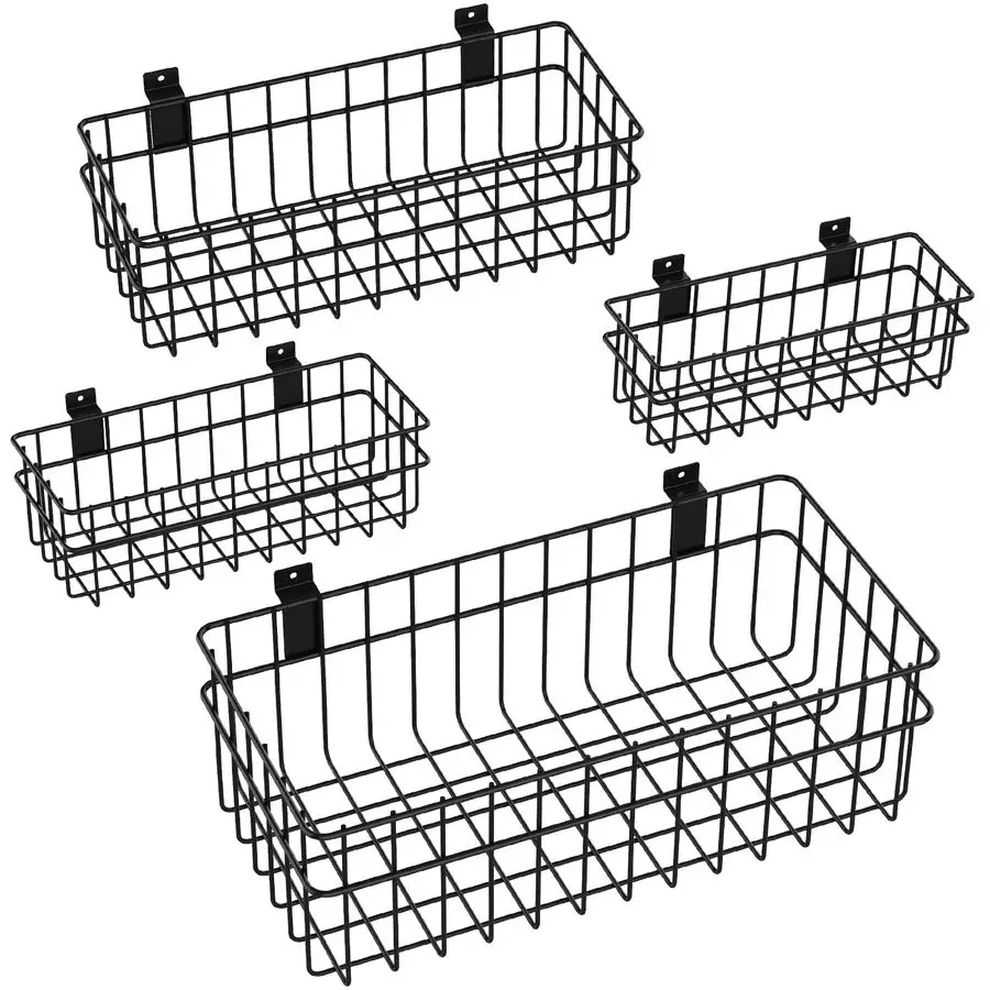 

4 Pack Large Size Slatwall Baskets Set, Ventilated Metal Hanging Storage Slat Wall Basket, Mounted Slatwall Accessories for Gara