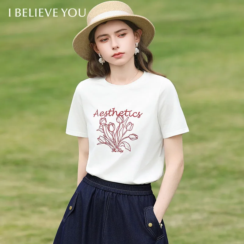 

I BELIEVE YOU Round Neck Short Sleeve Women's T-Shirt 2026 New Tulip Letter Embroidery Tops Retro Artistic Tees 2261016223