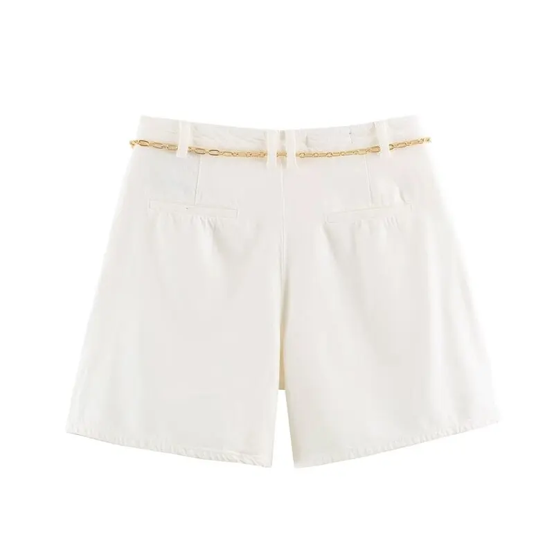 High Waist Chain Belted Denim Shorts Women's Fashion Versatile Early Autumn New Arrival Straight Leg No Stretch Natural Waist