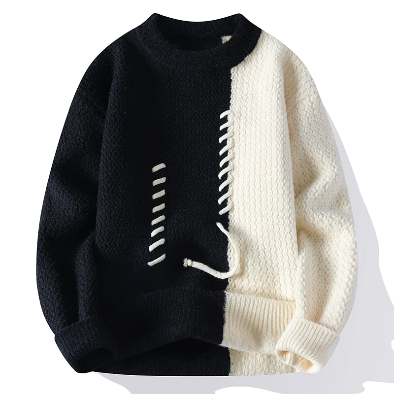 

Retro Color Block Knit Sweater for Men Crew Neck Loose Fit Decorative Stitching Casual Male Pullover Knitwear