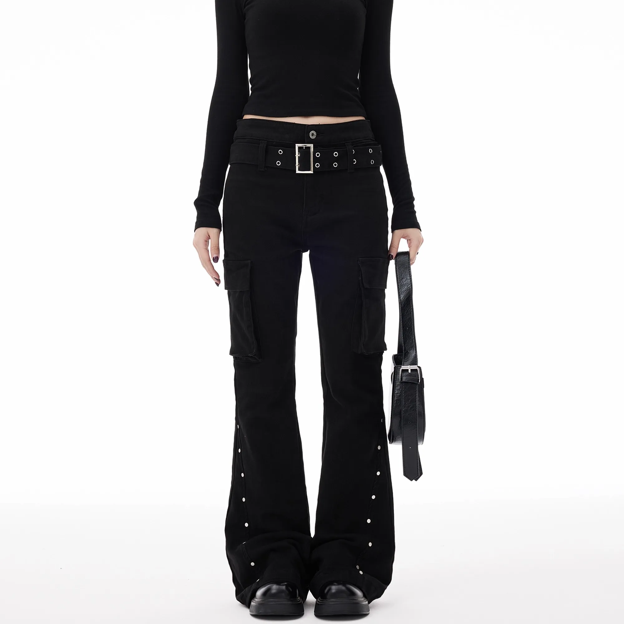 

Женские длинные брюки Gyaru Goth с низкой посадкой, расклешенные брюки Y2K, уличная одежда, эластичные японские брюки-карго в стиле Харадзюку