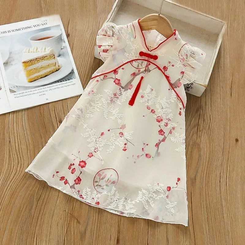 Crianças meninas vestido de verão estilo chinês hanfu cheongsam vestido infantil bebê menina princesa vestido