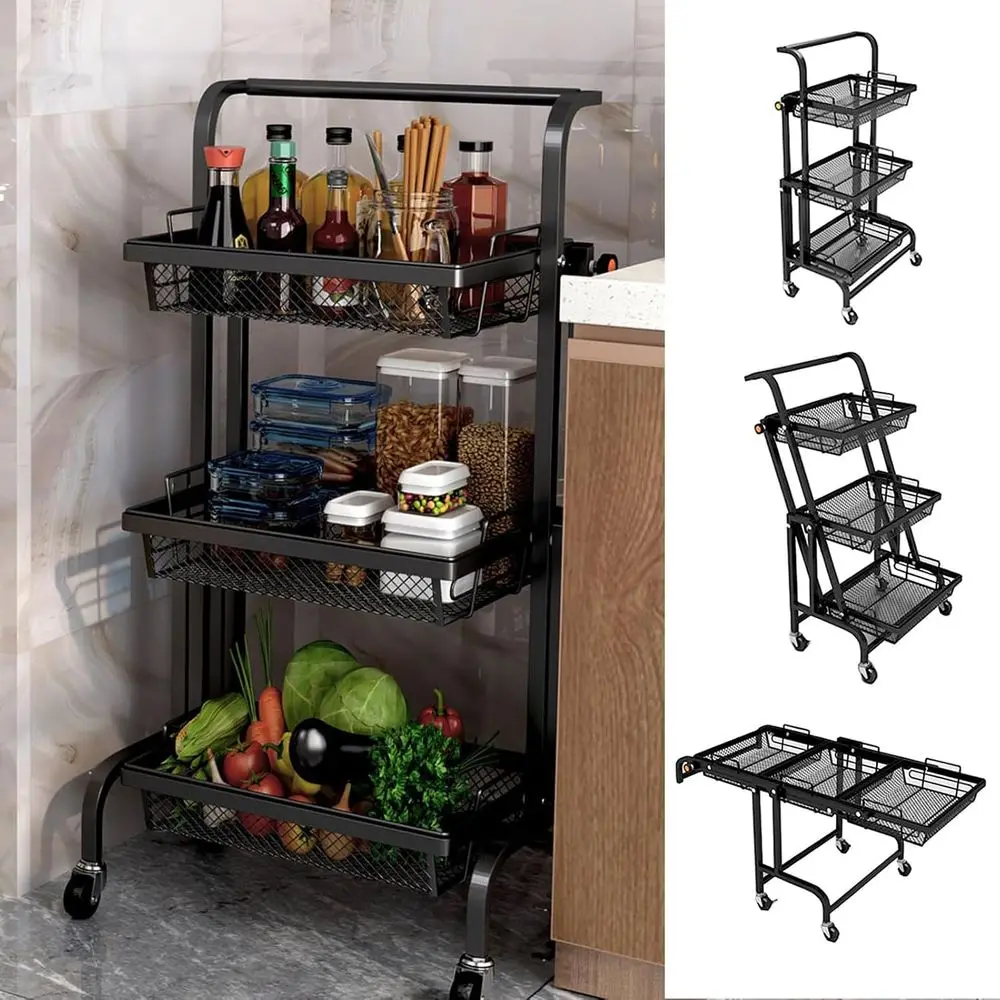 

3-Tier Rolling Utility Cart with Metal Shelves for Kitchen, Bathroom, and Laundry Room Storage