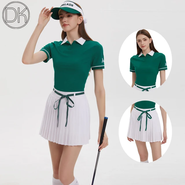 DK Odzież golfowa Damska koszulka z krótkim rękawem i dekoltem w kształcie litery V Casual Slim Topy do tenisa Damska plisowana spódnica Spódnica z podszewką i kokardką