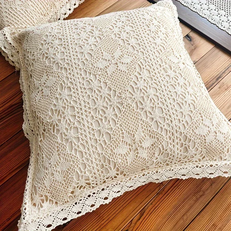 50x50cm Cotton Pillow Cover Throw Pillowcase Vintage Handmade Crochet Floral Pattern Zippered Cushion Case Sofa Hand Wash Only