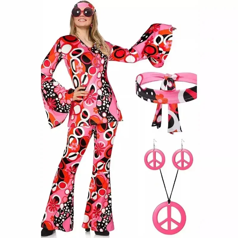 

2025 New Halloween Hippie Disco 60s 70s Cosplay Costume Women Girls Hip Halloween Carnival Party Outfits Boho Bell-bottoms 3-pie