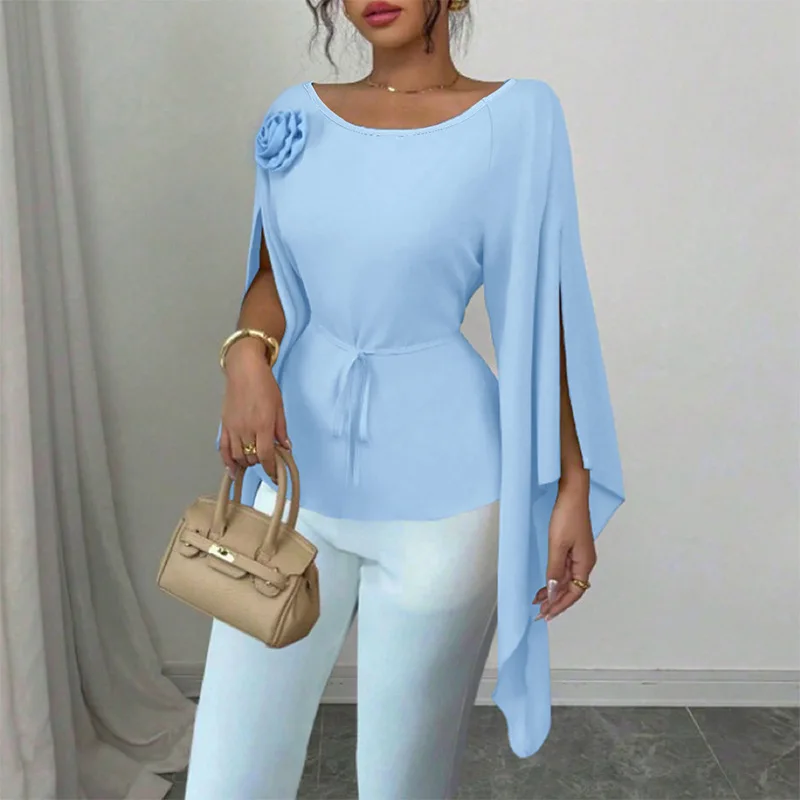 2025 가을 우아한 스타일 슬릿 긴팔 셔츠 여성 허리 조임 니트 스웨터