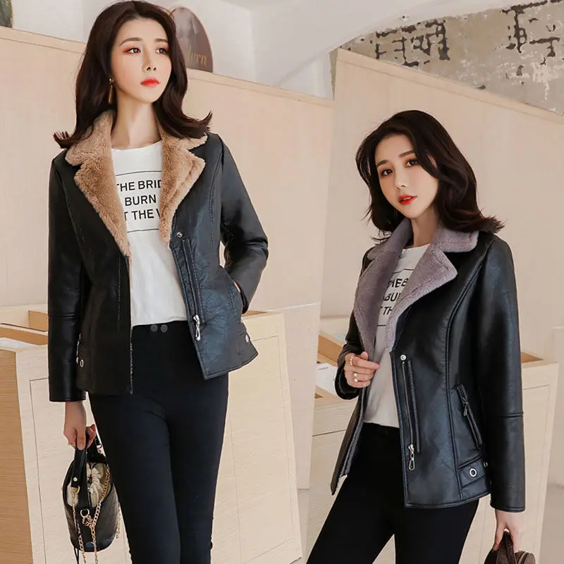 2024 New Winter PU Leather Jacket Short Blazers Coat Fleece Double-faced Fur Leather Outerwear Lady Slim Suit Women Tops Jackets