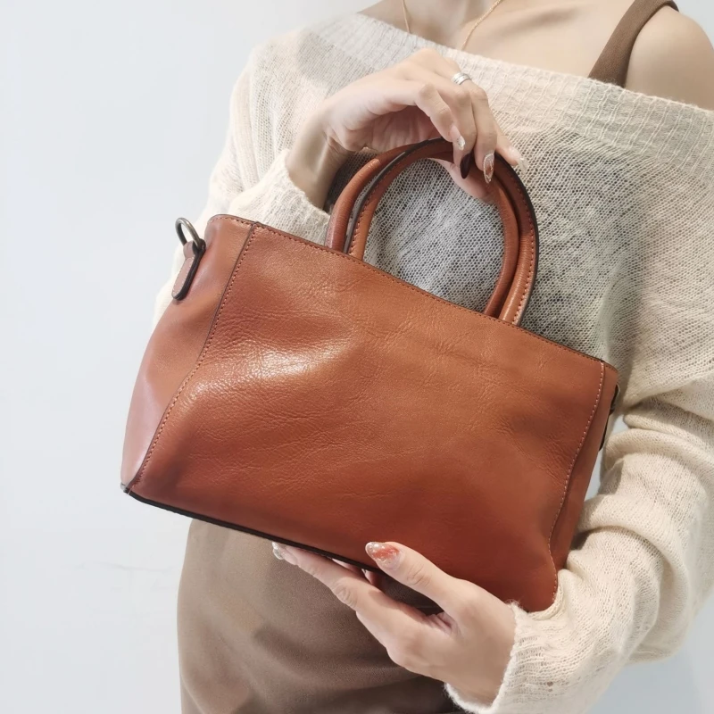 Classic Natural Cowhide Leather Handbag Women Bag Vintage Commuter Female Shoulder Crossbody Office Work Hand Bags High Quality