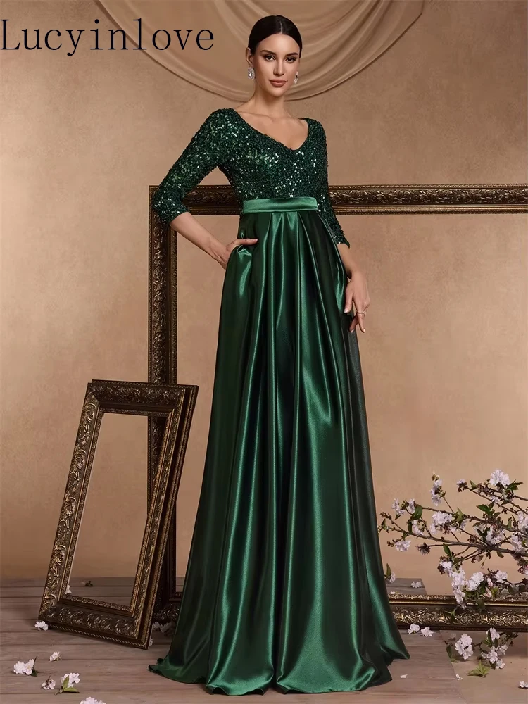 

Lucyinlove элегантное вечернее платье с короткими рукавами и блестками, 2025, женское атласное зеленое платье для выпускного вечера, длиной до пола, торжественное коктейльное платье