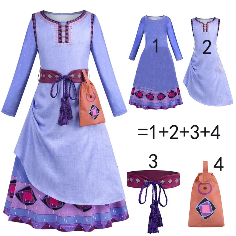 

Girls Asha Dress Princess Wish Cosplay Clothes Luxury Print Party Frock With Belt Kids New Cartoon Movie Role Playing Outfit