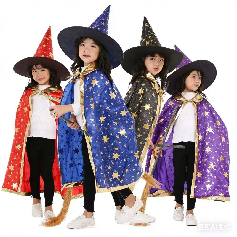 Kids Halloween Witch Cloak with Hat Wizard Cape with Gold Stars 90cm Length Fits Height 100-160cm Boy Girl Cosplay Party Costume