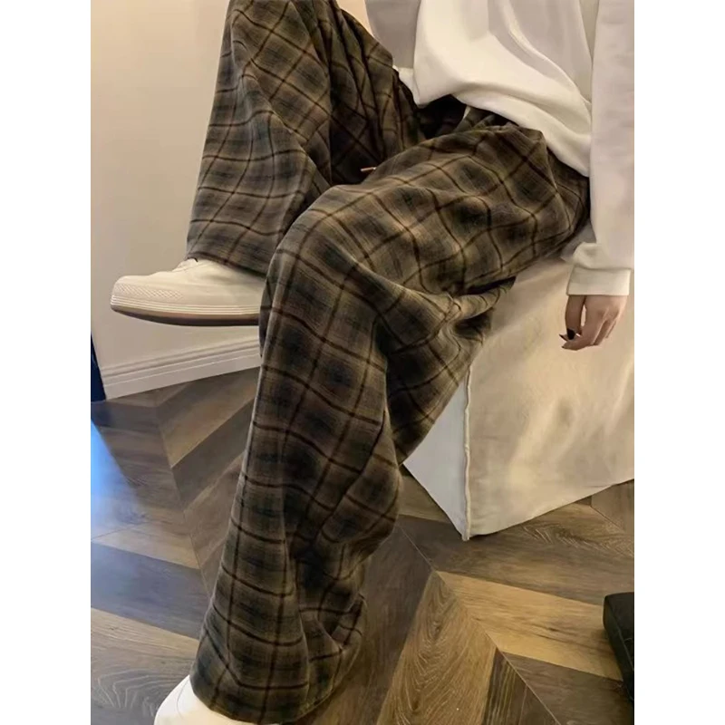 

Autumn Winter plus Size 300 Pou High Waist Plaid Pants Men's Street Sle American Loose Wide Leg Casual Long Trousers