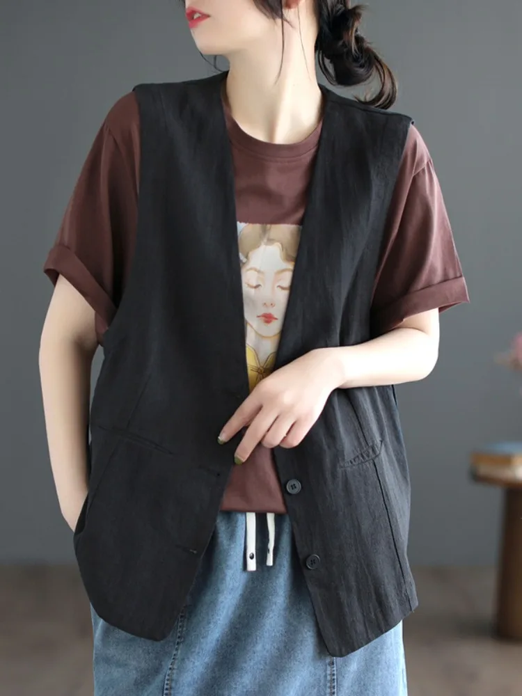캐주얼 루즈 코튼 린넨 베스트 여성 여름 예술적 브이넥 슬림 탑 다용도 컬러 단일 버튼