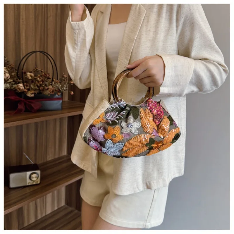 

Bamboo Handle Sequin Mesh Tote Bag, Floral Linen Beach Handbag for Women, Colorful Vacation Bag for Seaside Travel