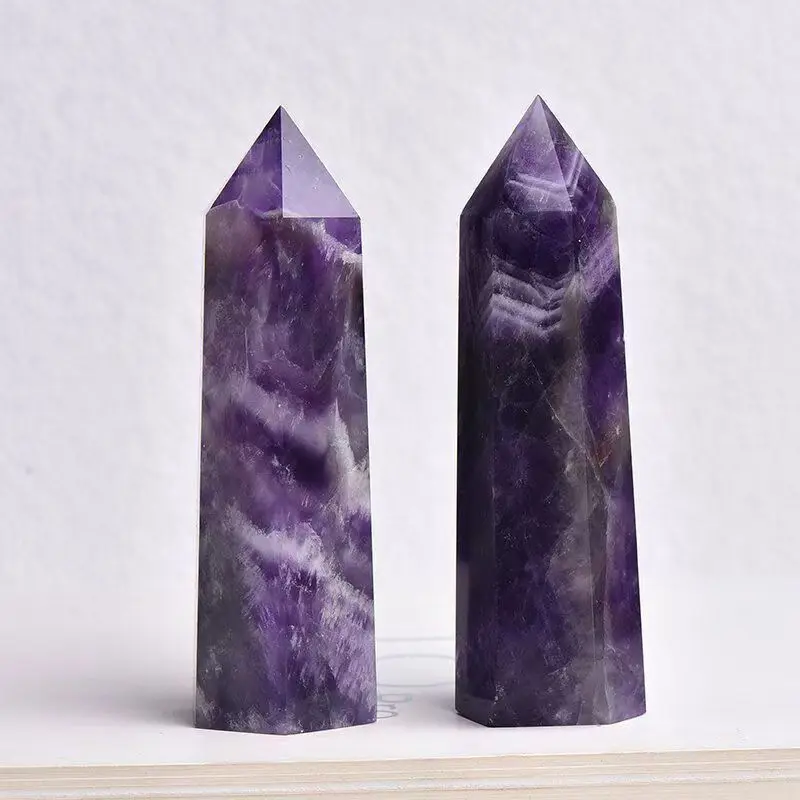 1pc Amethyst hexagonal pillar with white stripes, suitable for office home decoration, holiday party gifts