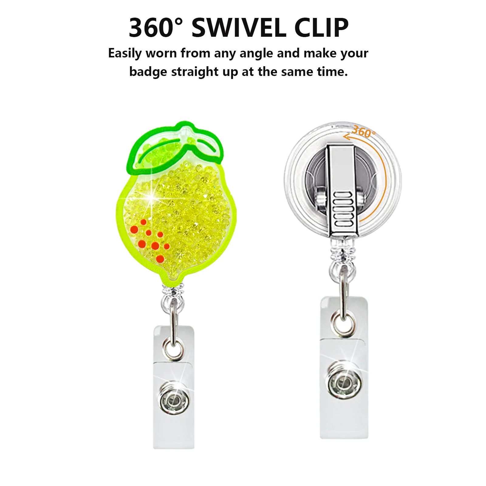 New Design Quicksand Acrylic Fruits Theme Badge Reel Retractable ID Badge Holder With 360 Rotating Alligator Clip Name Holder