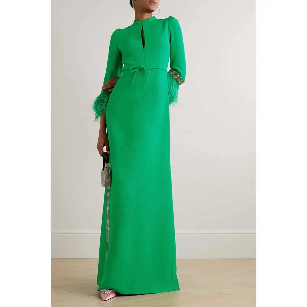 YUMDAI Luxury Dubai Green Beaded Long Sleeve Evening Dress Belt 2024 Elegant Floor Length Feather Dress for Women Wedding Party