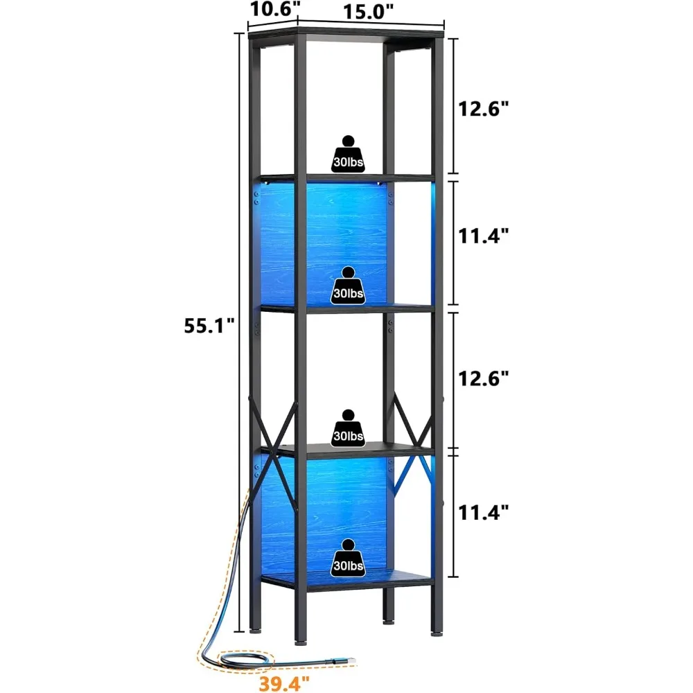 5 Tier Book Shelf with LED Light, Tall Display Bookcase with Back, Narrow Industrial Standing Shelving Units