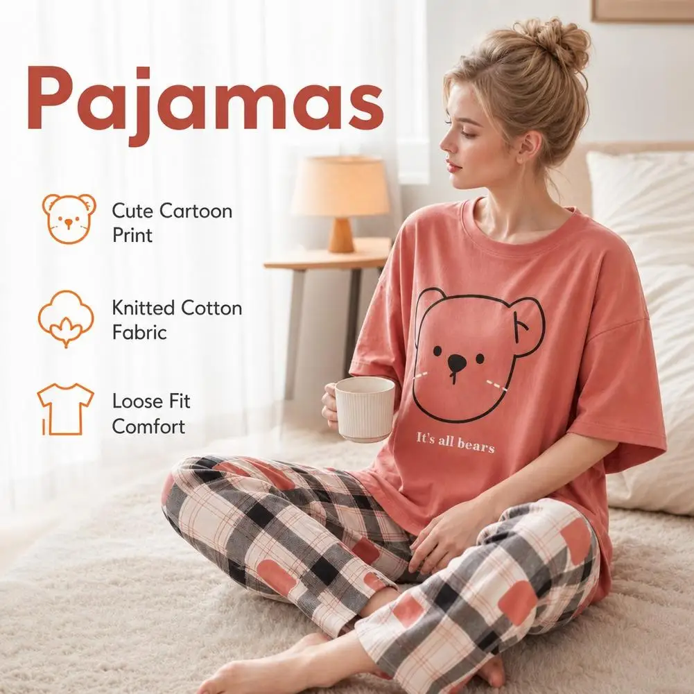 2-Piece Women Pajamas Set New Trousers Loose Casual O-Neck Home Wear Set Autumn and Winter Cartoon Bear Xmas Long Sleeve Pajamas image 4