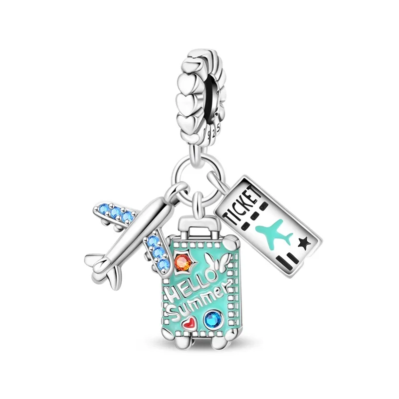 

New Original 925 Sterling Silver Blue Suitcase Travel Charms Pendant Fit 3mm Original Bracelet DIY Women Travel Jewelry Gifts