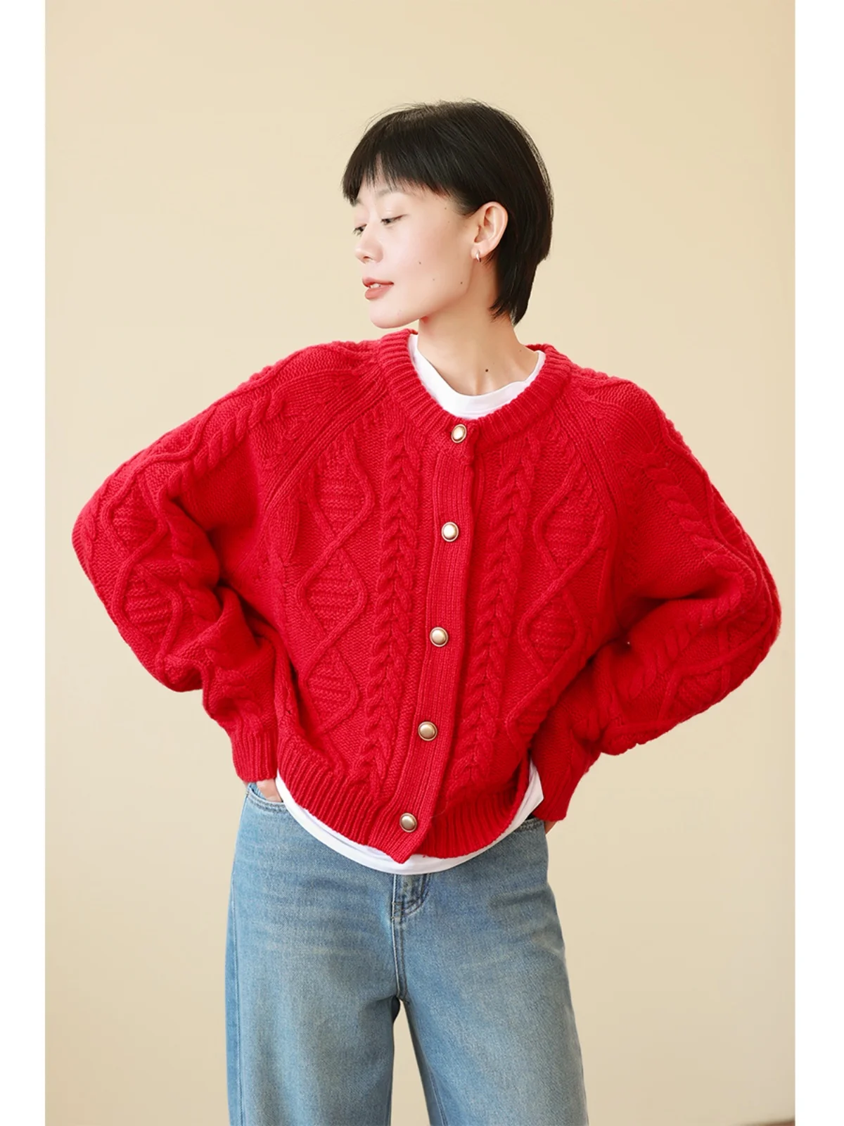 

Ladies Full Wool Red Knitted Sweater Coat Lazy Sle round Ne Twist Autumn Winter New Arrival Casual Commute Faion