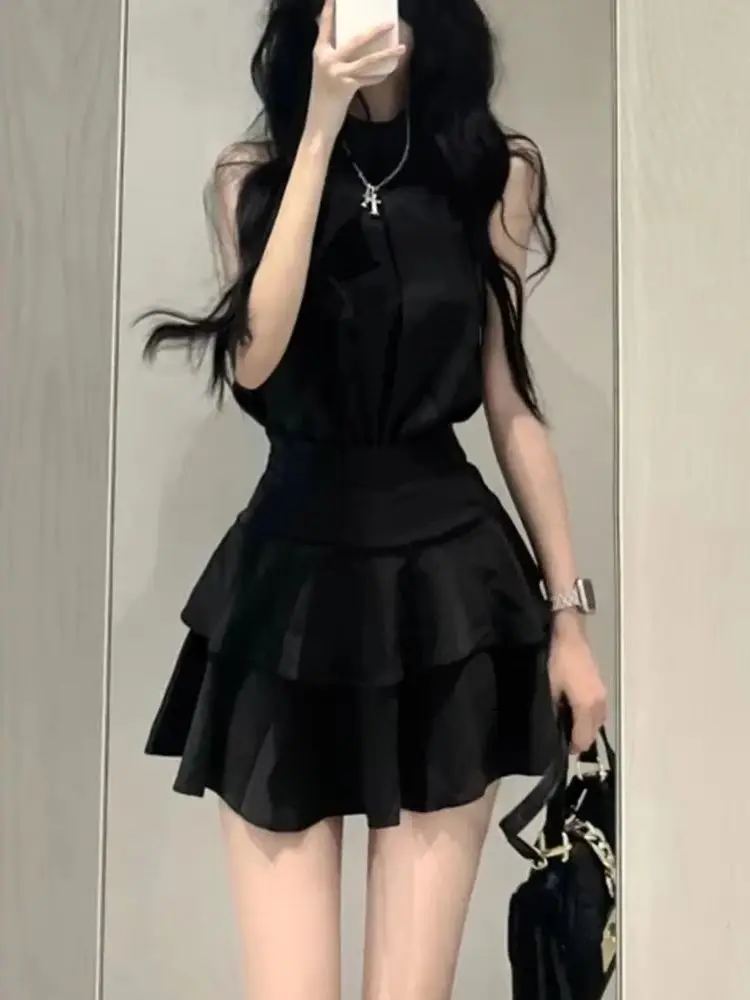 

Корейский модный топ с подвесным воротником, полуюбка без рукавов для девочек, комплект из двух предметов, новый сексуальный женский комплект с открытыми плечами, летнее платье