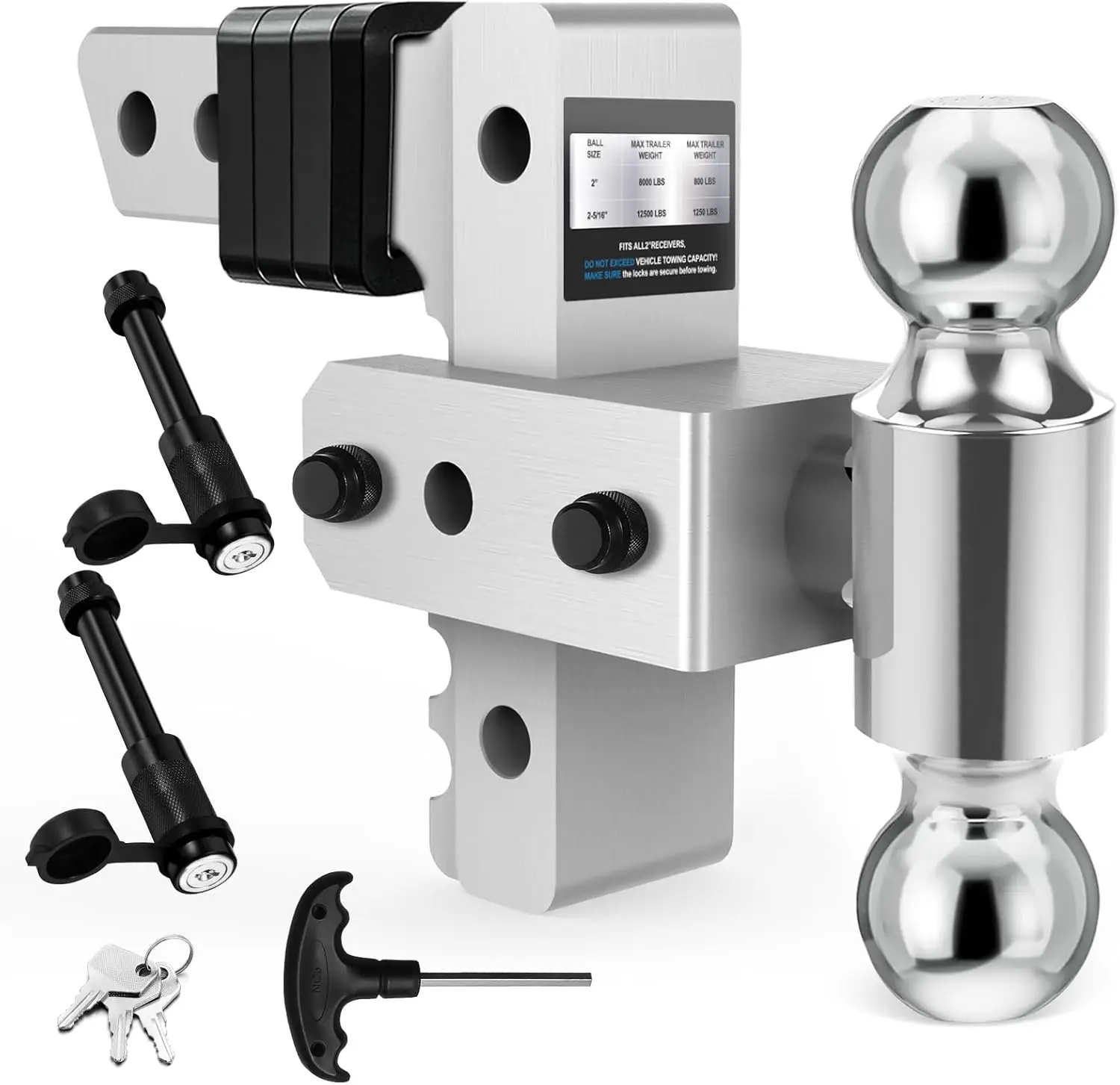 

Регулируемый сцепный сцепь прицепа подходит для 2-дюймового приемника, сцепный сцепь с 6-дюймовым падением/подъемником, (2 дюйма и 2-5/16 дюйма), алюминиевый фаркоп с двойным шаровым креплением для