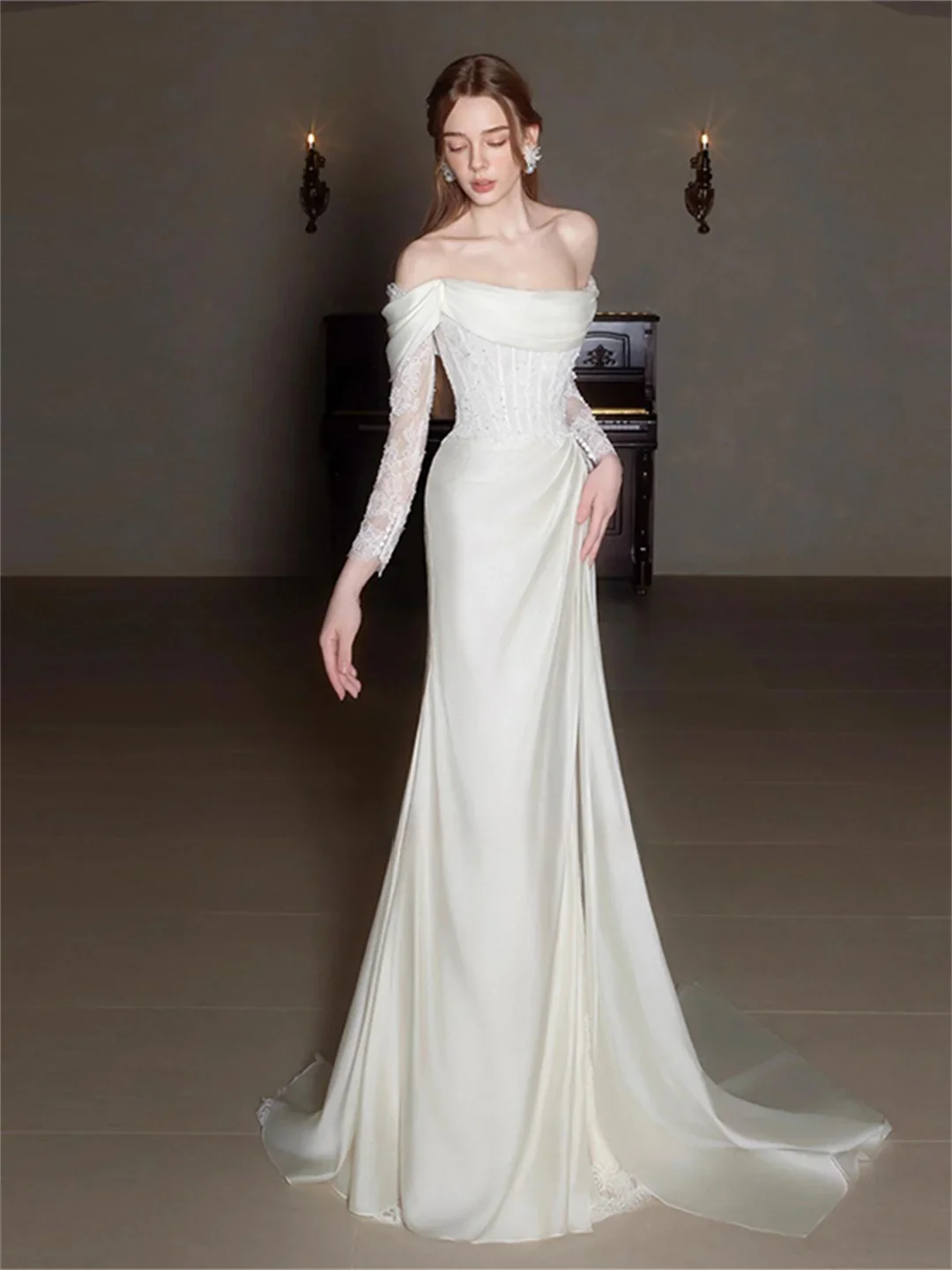Elegant Off Shoulder Long Sleeved Fashionable Lace White Wedding Dress, Retro Satin Trailing Wedding Dress Customized