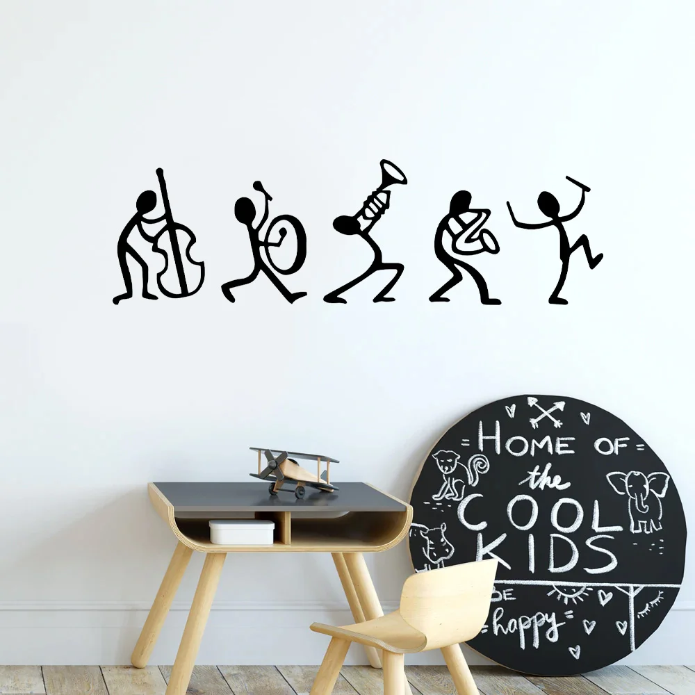 Cartoon Funny Small Men Music Band Guitar Wall Stickers Vinyl Home Decor For Kids Room Playroom Decor Self Adhesive Mural 4069