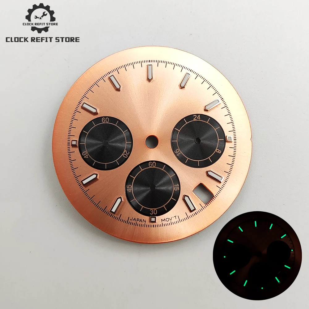 

Оранжевый циферблат для часов 32,5 мм VK63, 6 стрелок, зеленое люминесцентное покрытие, дата, кварцевый механизм VK63, хронограф, циферблат в стиле «панды»