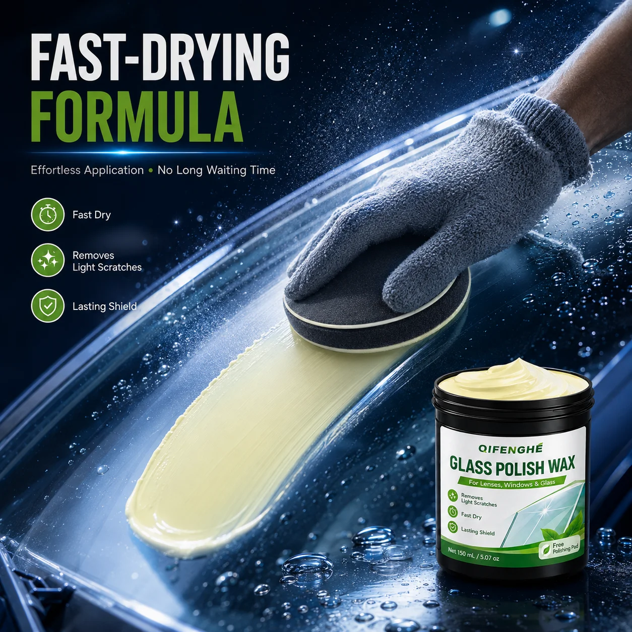 Glass Wax Removes Scratches & Haze, Quick-Dry, Protects Lenses & Auto Glass, 150ml