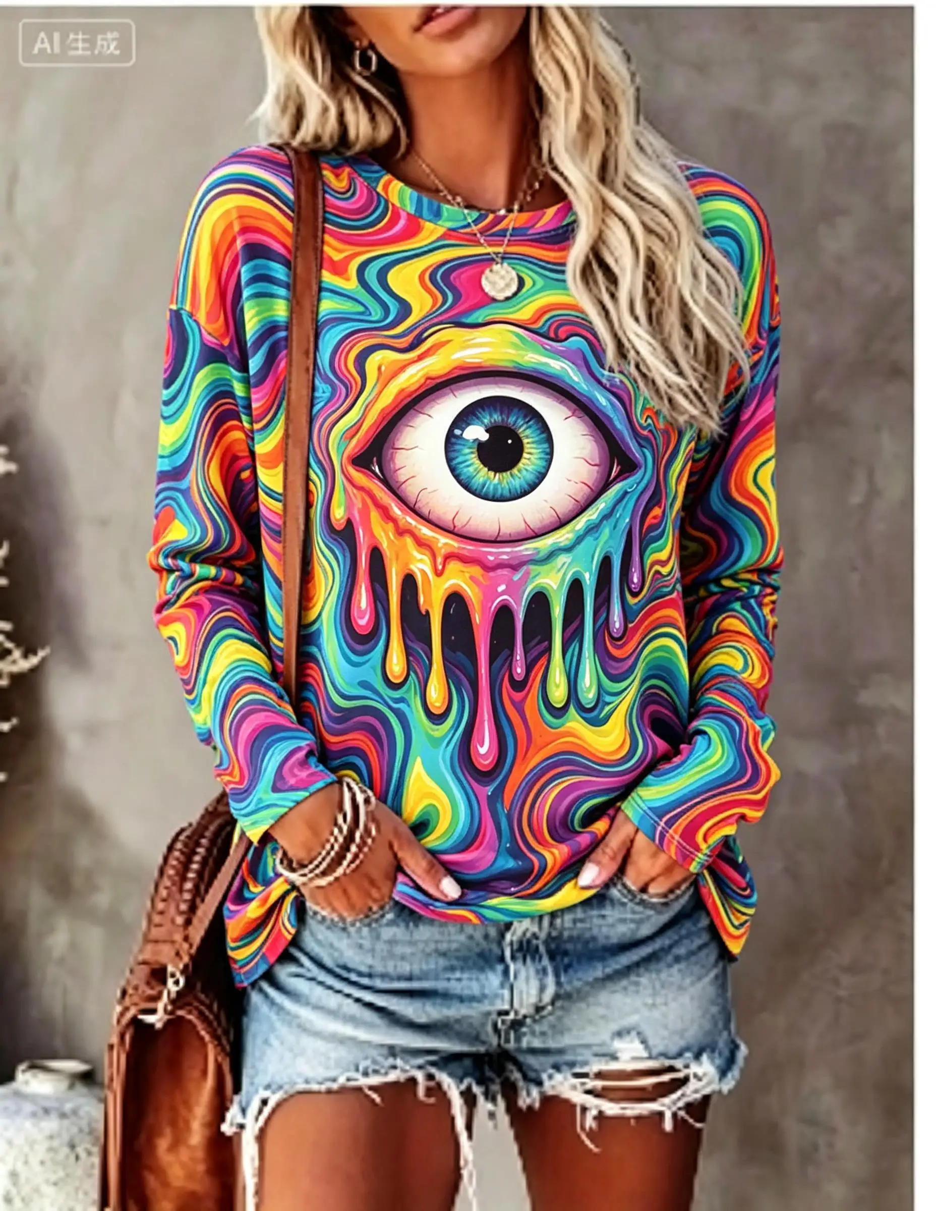 Women Psychedelic Long Sleeve T‑Shirt Third Eye Dripping Neon Swirl All‑Over Print Crew Neck Tops